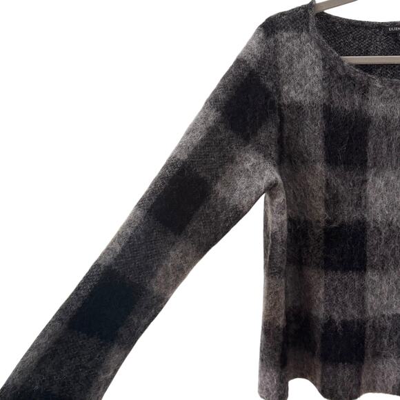 Eileen Fisher Mohair Alpaca Blend Check Plaid Sweater Black Gray Size Medium - Picture 6 of 10